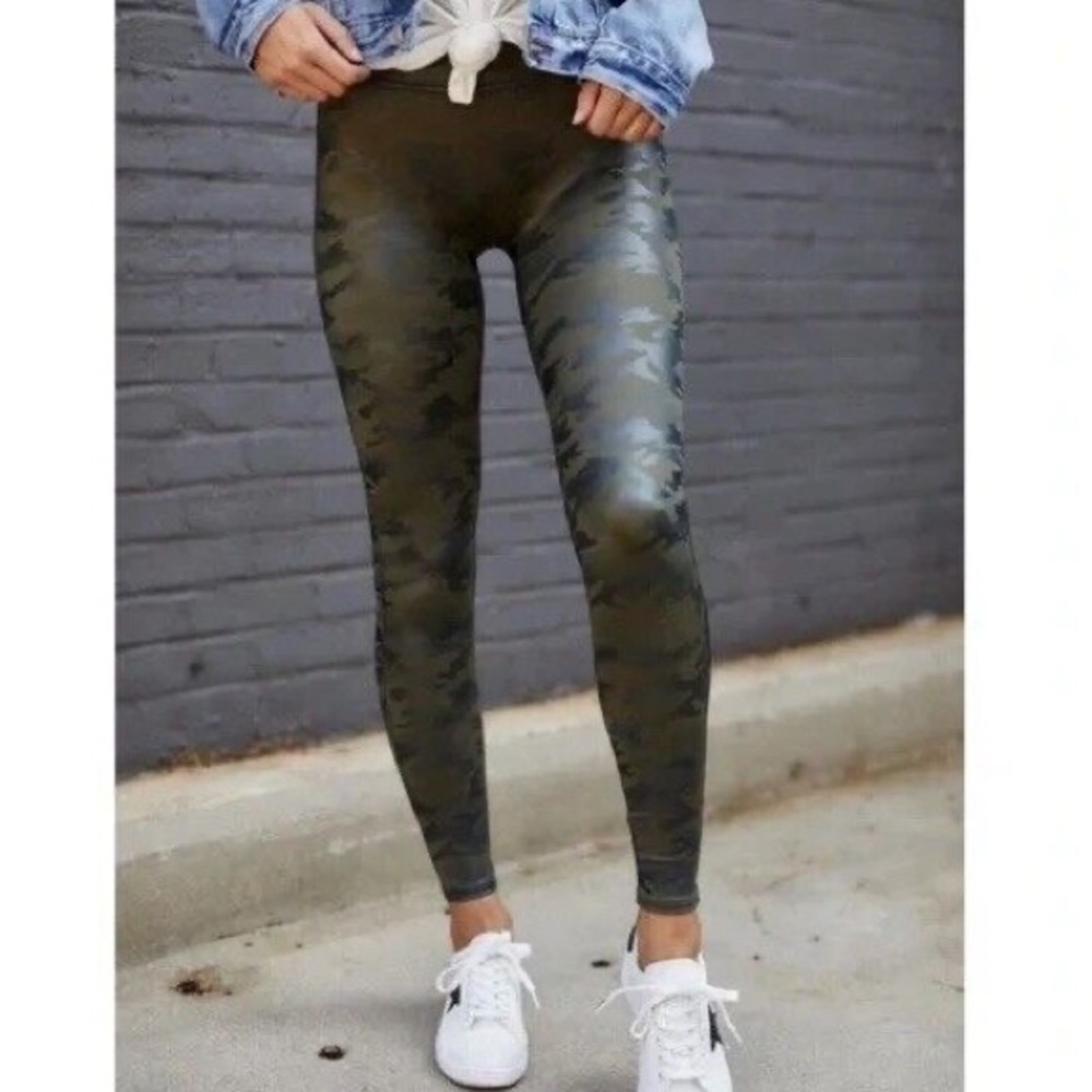 SPANX Faux Leather Green Camo Leggings